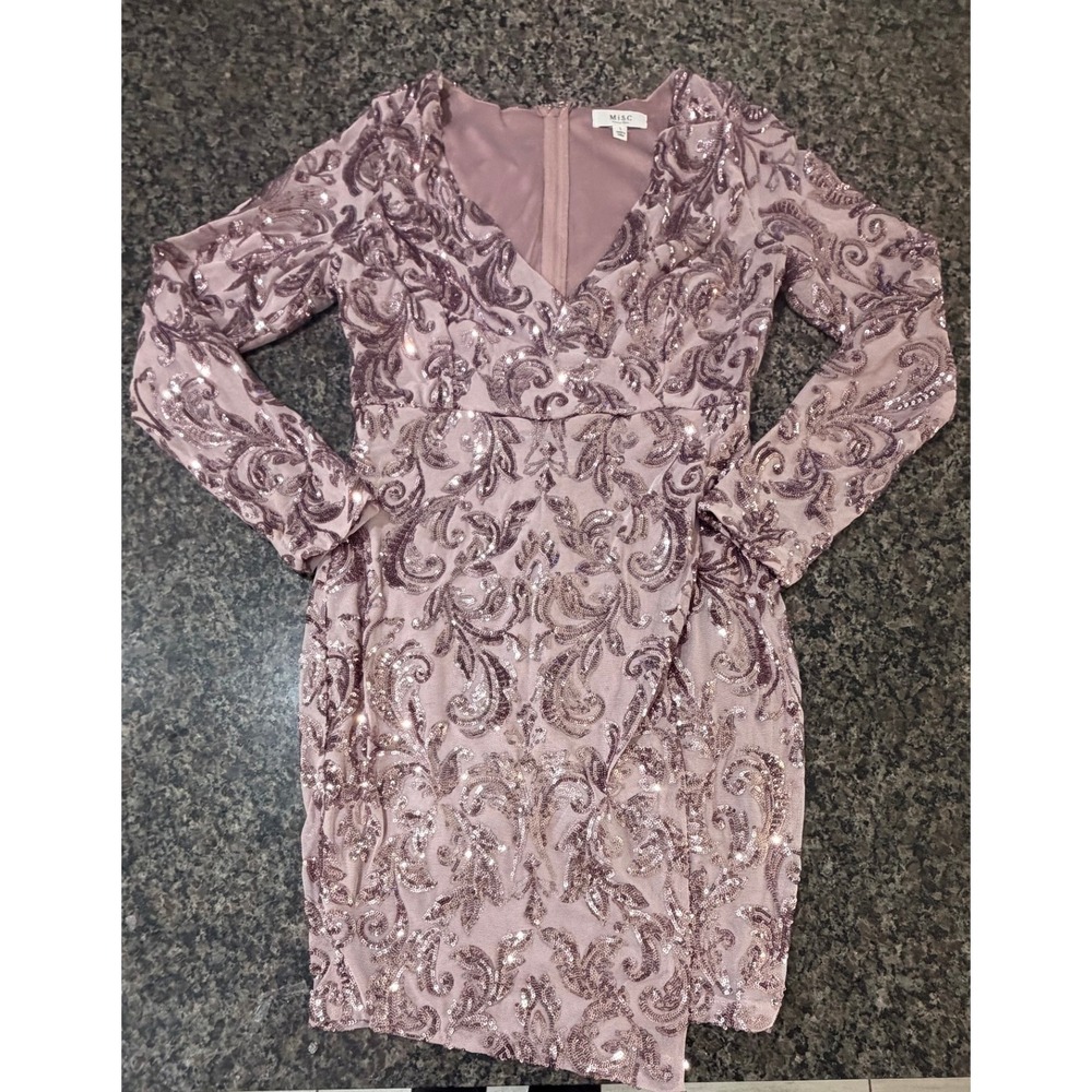 MiSC Elevated Basics Mauve Pink Sequin Long Sleeve V-Neck Mini Dress CD24741 L